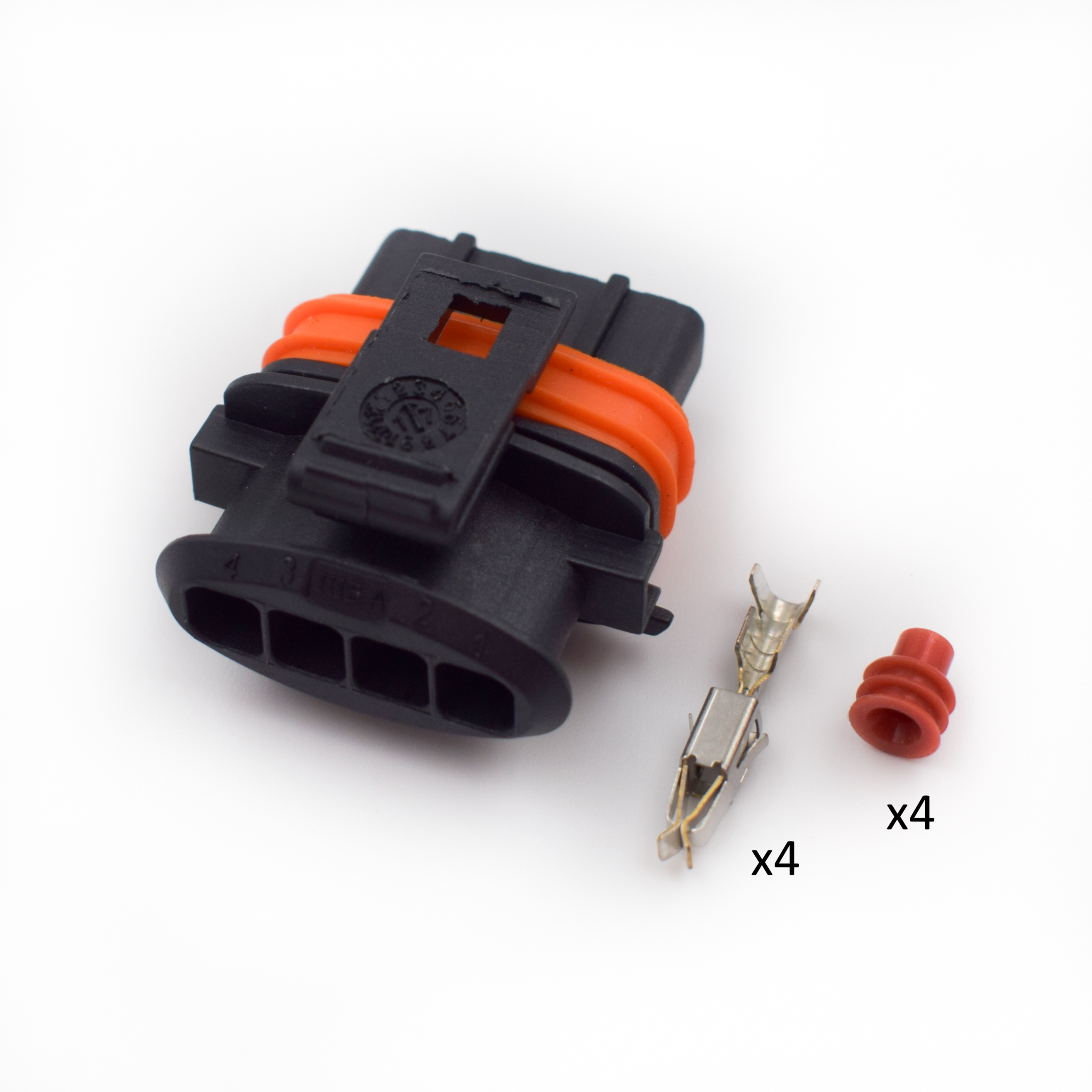 CONECTOR 4 PINES + TERMINALES + AISLANTES NEGRO NARANJA